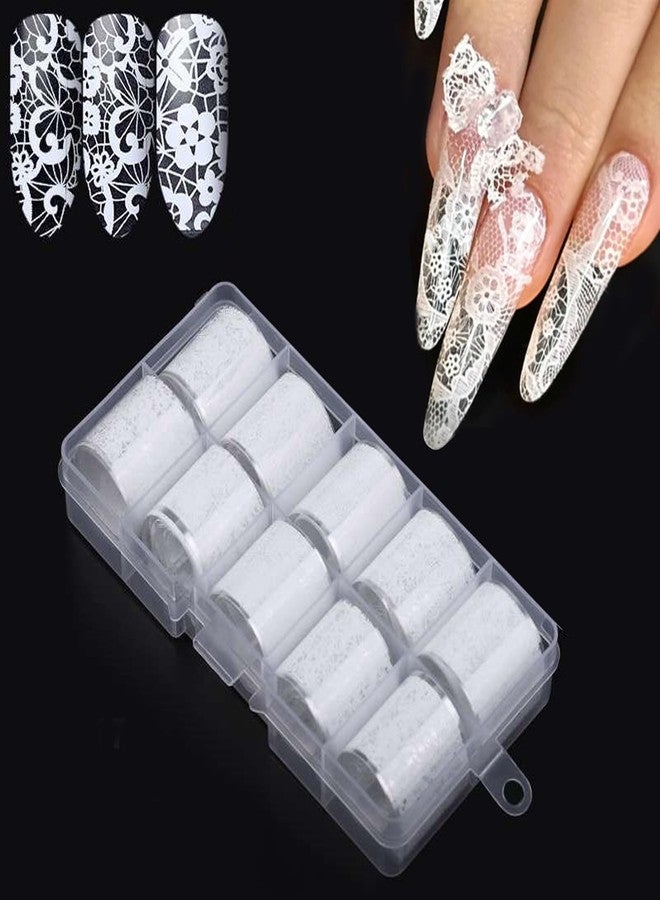DANNEASY 10 Rolls White Lace Nail Art Foil Transfer Sheets, Lace Nail Foil Decals Starry Sky Nail Foils Holographic Transfer Foils Stickers for Women Girls Manicure Tips Supplies - Image 1